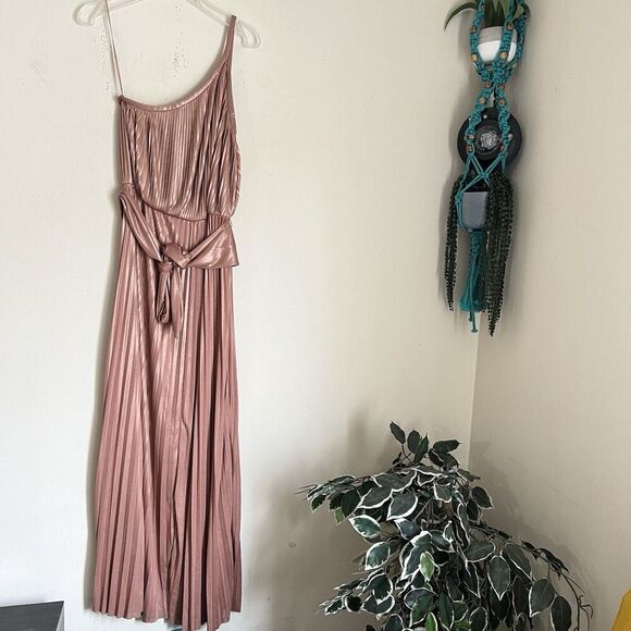 Halston Heritage Pleated Lamé Metallic One-Shoulder Maxi Dress 8 Belted Gown - Picture 9 of 9